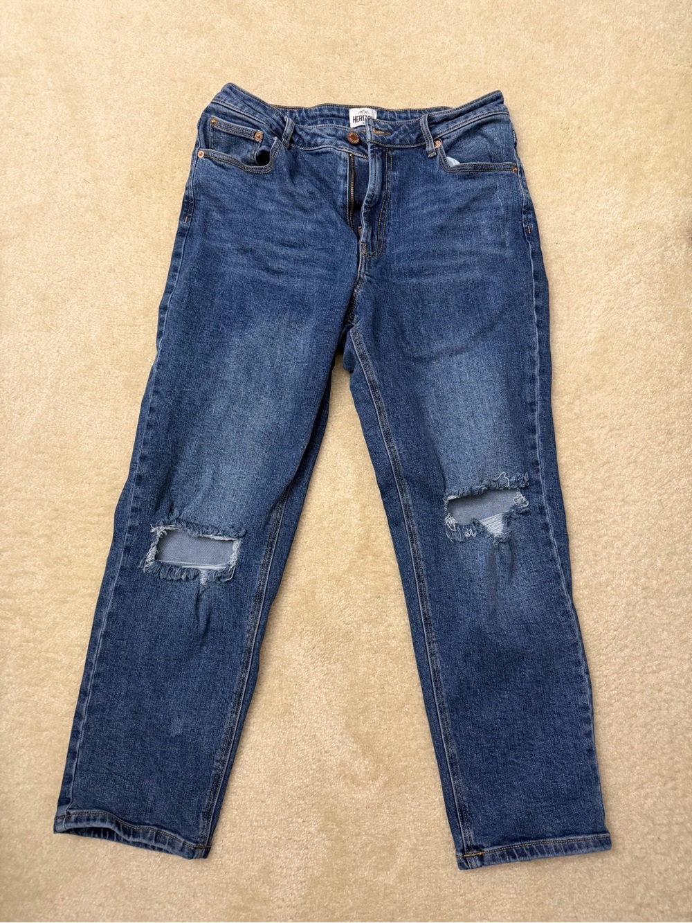 High-Rise Straight Leg Jeans with Knee Rips - Dark Blue